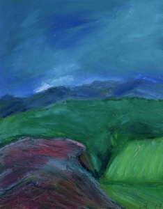 LOOKING EAST FROM MULLOCH. Oil on card, 32 x 26cm mounted, glazed + frame. Private collection